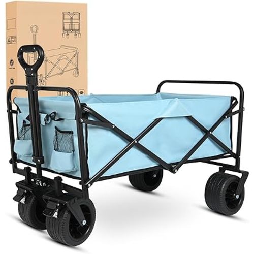 Yesker Foldable Wagon - 300lbs Collapsible Garden Carts with All Terrain Wheels for Outdoor Camping Sports Shopping Gardening - Heavy Duty Portable Utility Trolley (Blue)