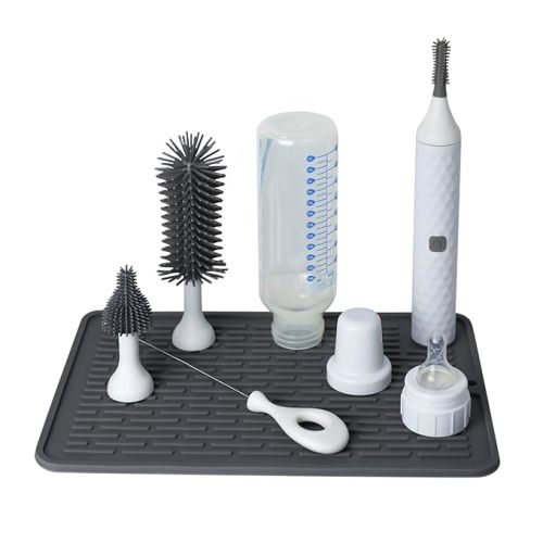 WHNL Cleaning Brush Set with USB Rechargeable Electric Bottle Brush, 3-Piece Replaceable Silicone Bottle Brush and 8 * 12 inch Silicone Drying mat,Straw Brush Included in Storage Box(White) - Gray