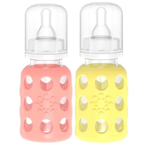 Lifefactory Glass Baby Bottles with Silicone Protection - 2-Pack, 4 Ounce Bottles, Cantaloupe & Banana