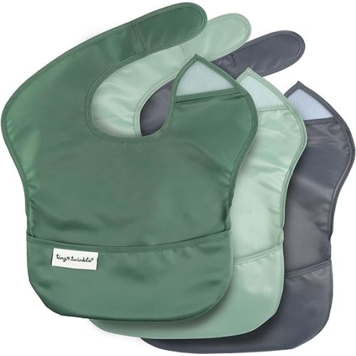 Tiny Twinkle Mess-Proof Baby Bib - Waterproof Bib for Baby Boy or Girl - PFAS, PVC, BPA, Phthalate Free - Baby Food Bibs - 3 Pack - 3-pack Olive, Slate