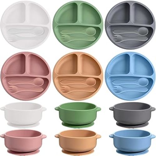 Dandat 24 Pcs Silicone Baby Feeding Set,6 Baby Toddler Suction Bowls 6 Divided Suction Plates with 6 Forks 6 Spoons, Utensils Set for Weaning Infant Feeding and Eating, 6 Styles (Pastel Color)