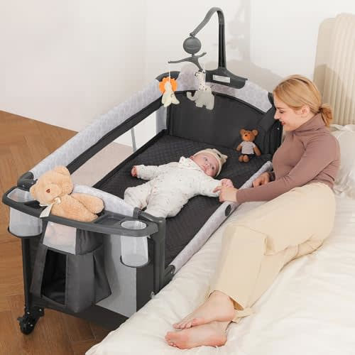 ELEMARA 4 in 1 Wide Baby Bassinet Bedside with Diaper Changer,Long Next to Bed Crib with Mattress,Sheet,Music and Blackout Cover,Playpen Travel Bed with Storage,XL Co Sleeper with 3 Adjustable Height
