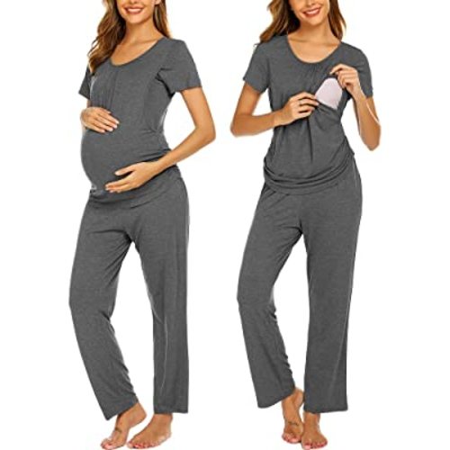 Ekouaer Women's Maternity Nursing Pajamas Set Breastfeeding Sleepwear Double Layer Short Sleeve Top & Pants Pregnancy PJS