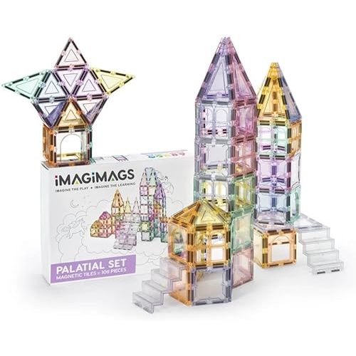 Magnetic Building Tiles, 108 Piece Palatial Set for Boys Girls Kids, Pastel Magnetic Tiles Activity Building Block Toddler Toys, STEM, Children Ages 3 Years +