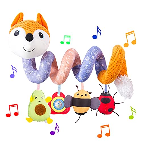 HILENBO Car Seat Toys, Infant Baby Orange Fox Spiral Plush Activity Hanging Toys for Car Seat Stroller Bar Crib Bassinet Mobile with Music Box BB Squeaker and Rattles(Orange)