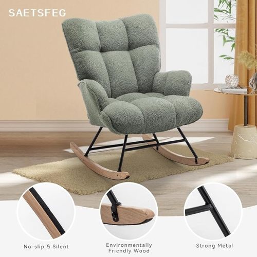 Rocking Chair Nursery Teddy, Upholstered Baby Fluffy Glider Rocker for Adults Small Spaces Indoor, Comfy Sherpa Compact Nursing Chairs for Living Room, Bedroom, Classroom, Green