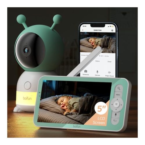 BOIFUN 5" Video Baby Monitor, 2K Baby Monitor With Night Light & Lullabies, Motion & Sound Detection, Auto Tracking & PTZ, Night Vision & Feeding Reminder, FHSS & App Control, With Wall Mount Base