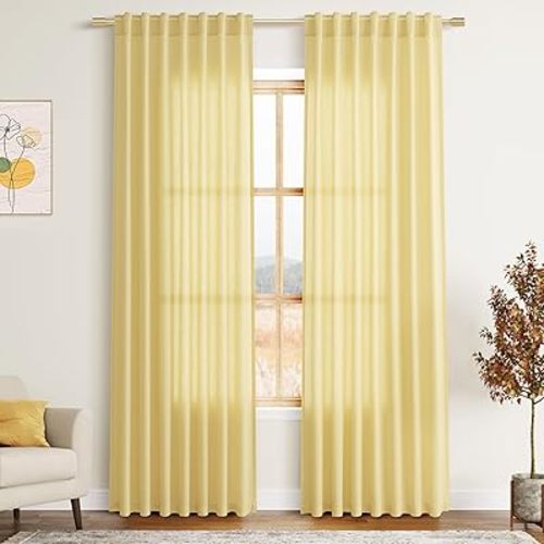 Yellow Linen Blend Drapes 84 Inch Length 2 Panels Set Back Tab Rod Pocket Light Filtering Privacy Semi Sheer Textured Curtains Neutral Farmhouse Decor Curtains for Living Room Bedroom 52x84