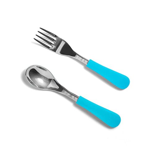 Avanchy Baby Spoons and Forks Stainless Steel and Silicone Set, Self Feeding Food Utensils, 4 Months Baby Led Weaning, 2 Pack, Blue Spoon, Fork - Blue Fork-Spoon
