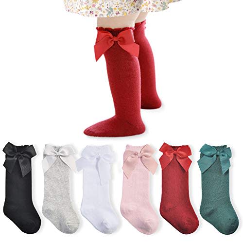 Mini angel Baby Girl Knee High Socks 5/6/8 Pairs Knit Tube Socks Ruffled Hollow out Long Stockings with Bow