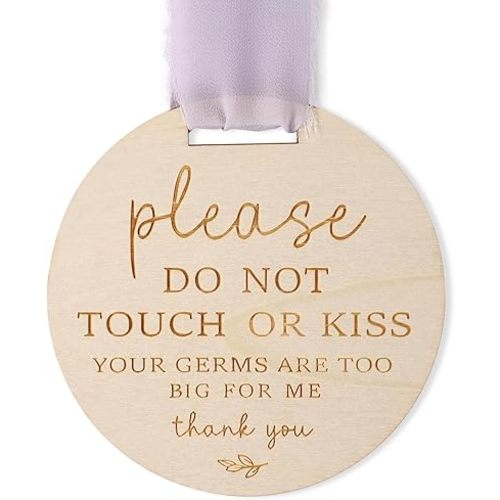 Please Do Not Touch or Kiss Baby Sign, Wooden Don't Touch Baby Sign for Car Seat Baby Stroller Tag with Ribbon No Touching Baby Signage for Baby Newborn