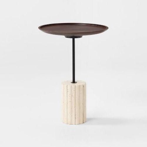 Round Side Table with Brown Top and Travertine Base - Threshold™ designed with Studio McGee