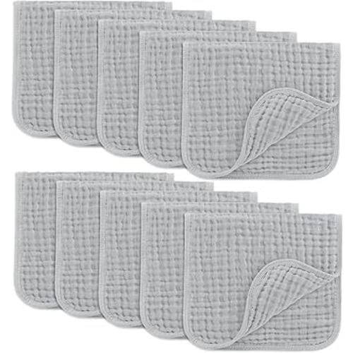 Comfy Cubs Muslin Burp Cloths 20" x 10", Pack of 10 - Large, 6-Layer, Ultra Absorbent 100% Cotton for Baby Drool and Messes - Soft, Safe & Gentle Baby Burp Cloths for Boys & Girls - Heather Blue
