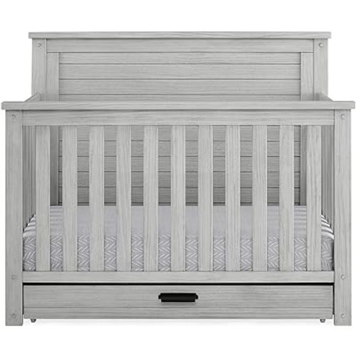 Delta Children Simmons Kids Caden 6-in-1 Convertible Crib with Trundle Drawer, Greenguard Gold Certified, Rustic Mist