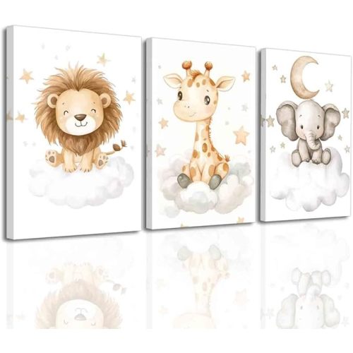 BJYCHG Safari Baby Room Decor Yellow Nursery Wall Art Set of 3 Cute Lion Elephant Giraffe Poster Pictures Watercolor Clouds Canvas Prints Kids Room Decor (11x14inx3 Pieces)