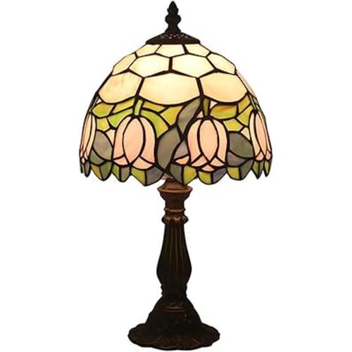 Tiffany Style Table Lamp, Pink Tulip Stained Glass Lamp, 8 Inch Small Antique Lamp, for Bedside Nightstand Bedroom Living Room Home Office, Include LED Bulb