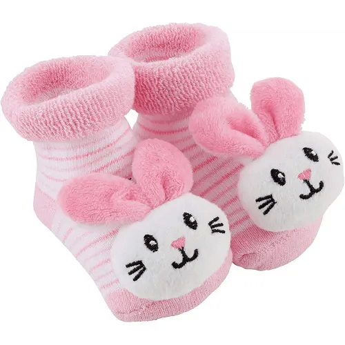 Stephan Baby Rattle Socks, Stripey Pink and White Bunnies, Fits 3-12 Months