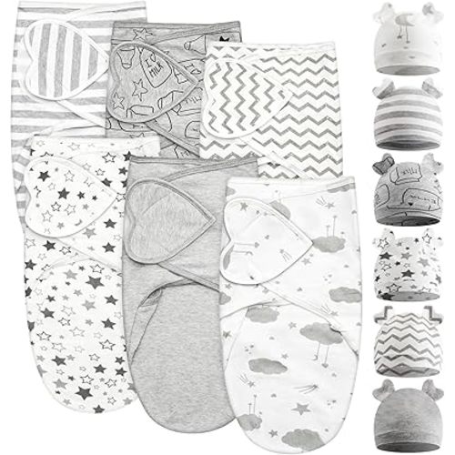 Ramede 6 Pack Baby Swaddle Blanket with Hats Sleep Swaddle for 0-3 Months Newborn Sacks Soft Cotton Wearable for Boy Girl