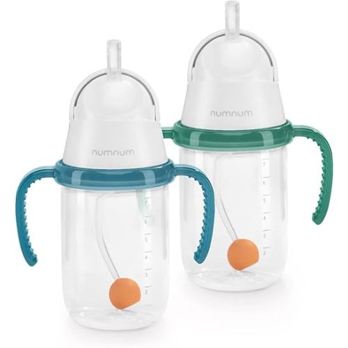 NumNum Baby Straw Training Cup, Weighted Toddler Spill Proof Sippy Cup with Straw for 6-12 Months, Toddler Drinking Cups, Baby Essentials (2-Pack, Blue/Green)