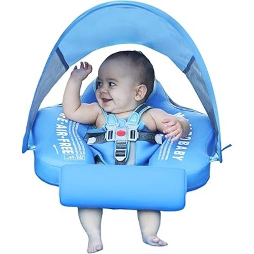 Mambobaby Float with Canopy UPF 50+ Sun Protection Add Tail Non-Inflatable Solid Baby Pool Swim Float Mambo Smart Swim Trainer Infant Float Swim Ring for Baby Aged 3-24 Months