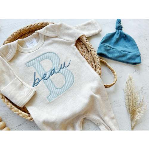 Personalized Baby Boy Outfit | Oatmeal Romper Baby Blue Stripe Big Let – Wonderfully Made