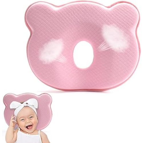 Zenzone Memory Foam Baby Pillow Cute Cartoon Bear Soft Cozy Design Pink Breathable Bedding Set for Infants Small Boys Girls Prevent Flat Head