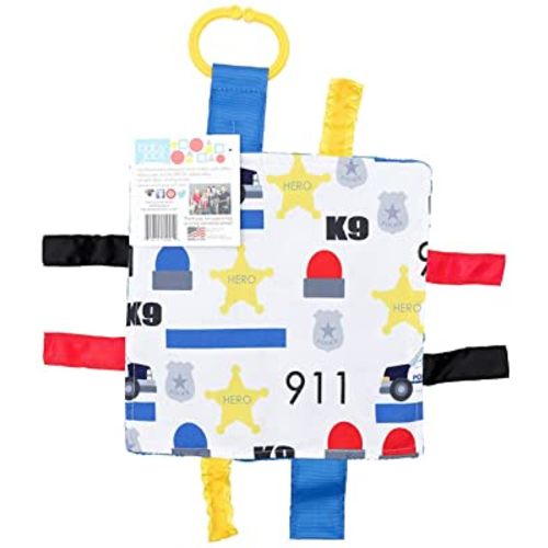 Baby Sensory Crinkle & Teething Square Lovey Toy with Closed Ribbon Tags for Increased Stimulation: 8"X8" - Police