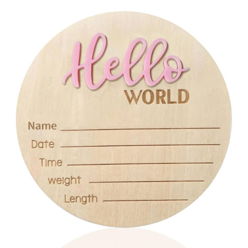 Baby Announcement Sign - 5.9 Inch Wooden Hello World Newborn Sign, Birth Announcement, Baby Shower Hospital Nursery for Newborn Boys and Girls (Pink)