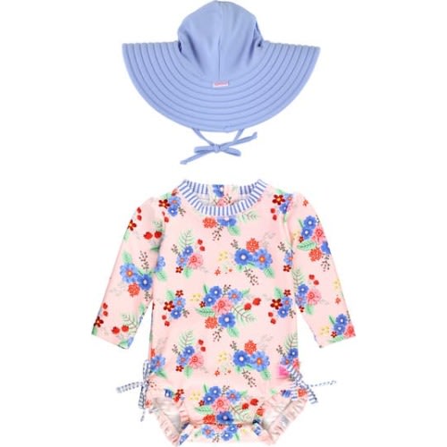 Kids' One-Piece Rashguard Swimsuit & Hat Set, 3-6M
