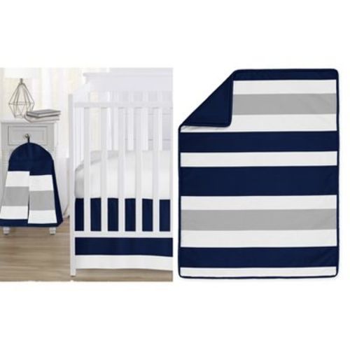 Sweet Jojo Designs Gender Neutral Unisex Baby Crib Bedding Set - Stripe Navy and Gray 4pc
