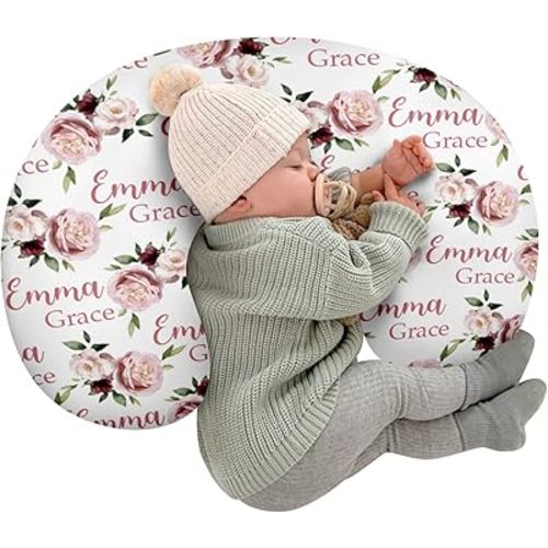 Customizable Flowers Baby Nursing Pillow Cover - Add Your Baby's Name, Ultra-Soft Stretch Fabric, Fits Standard Nursing Pillows, Ideal for Baby Showers Style 13