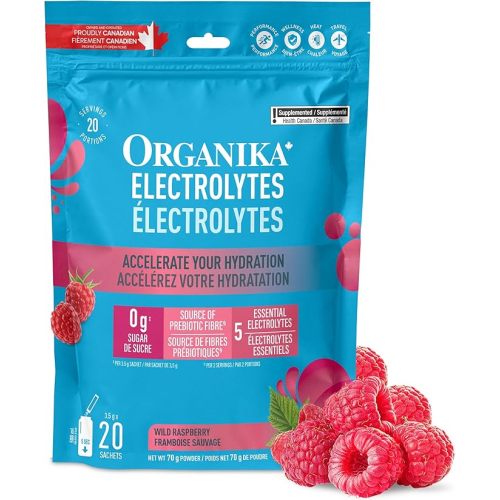 Organika Canadian-Made Electrolytes Powder- Wild Raspberry Sachets- On the Go Sugar-Free Hydration and Electrolyte Replenishment with Prebiotics and Vitamin C-3.5g x 20ct