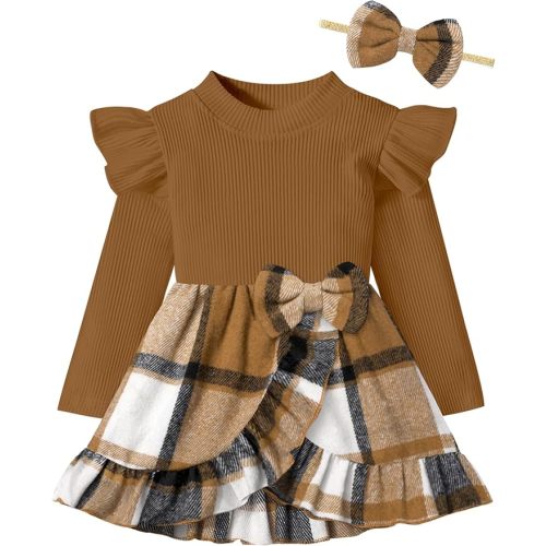 WIQI Baby Girl Dress Ruffle Sleeve Plaid Dresses Ribbed Infant Girl Fall Winter Outfits with Bowknot Headband - Brown - 0-3 Months