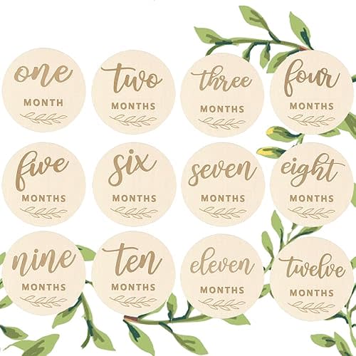Wooden Baby Monthly Milestones for Newborn Baby,1-12 Months Baby Announcement Discs, Pregnancy Baby Shower Gifts (Plant Milestone Discs)