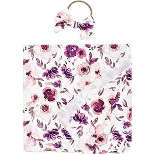 Baby Swaddle Blanket Newborn Girl Swaddle and Headband Set Purple Flowers Floral Print Wrap Shower Gift