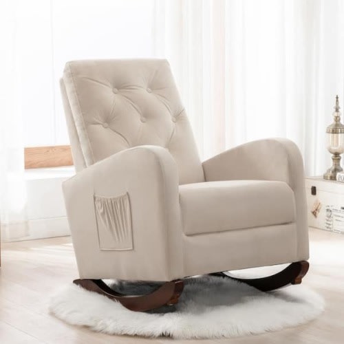 Beige Velvet Rocking Chair with Cushion