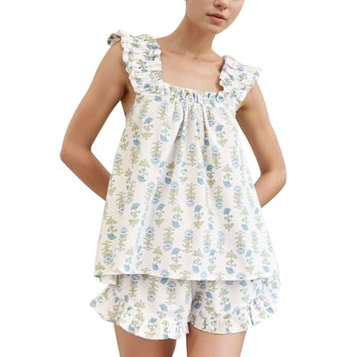 Flygo Floral Pajama Sets for Women 2 Piece Lounge Set Ruffle Cami Top and Shorts Pj Set Sleepwear