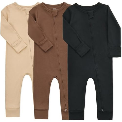 Aablexema Baby Cotton Fooltess Pajamas with Mitten, 3-pack Infant Romper Zip Up One Piece Jumpsuits Outfit - Black&coffee&camel - 3-6 Months