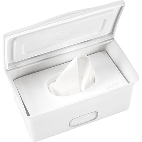 Ubbi Baby Wipes Dispenser, Baby Wipes Case, Baby Wipes Holder with Weighted Plate, Keeps Wipes Fresh, Non-Slip Rubber Feet, White