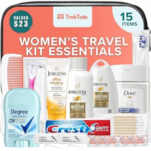 15-Piece Women’s Travel Toiletry Kit – Premium Brand-Name Shampoo, Conditioner, Body Wash, Deodorant & Toothpaste, TSA Approved Travel Size Set with Clear Bag