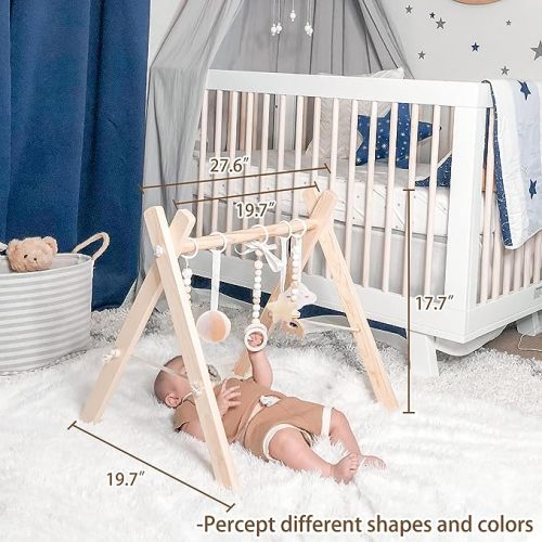 Wooden Baby Gym with 6 Gym Toys, Foldable Baby Play Gym, Natural Pine Wood Play Gym, Frame Activity Center Hanging Bar Newborn Gift Grey, Newborn Gift for Baby Girl and Boy - wooden play gym