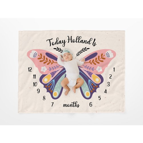 Boho Butterfly Wings Baby Monthly Milestone Blanket, Baby Calendar Blanket,Custom Baby Name Blanket, Baby Birthday Blanket, Baby Shower Gift