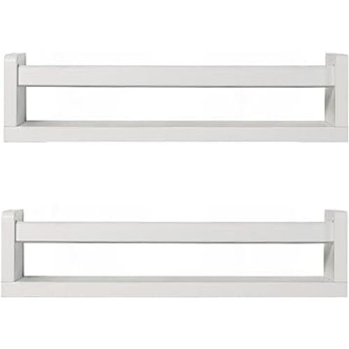 Nursery Book Shelves | Set of 2 Wood Floating Shelves for Kids Room, Kitchen Spice Rack, or Rustic Wall Mounted | Farmhouse Bathroom Décor (Rustic White).