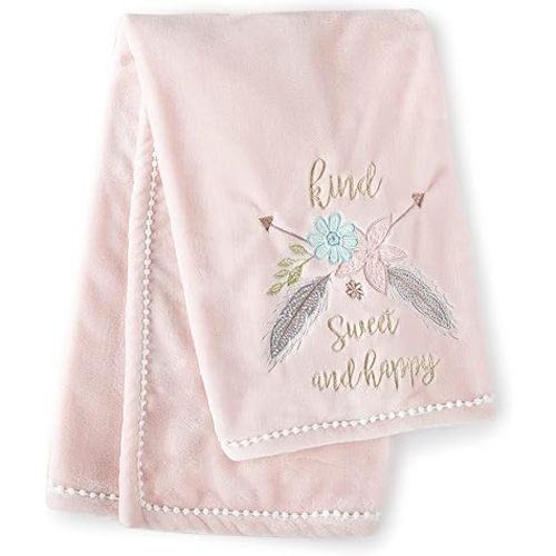 Levtex Baby - Malia Plush Blanket - Embroidered Flowers and Feathers on Pink Plush - Pink, Grey, and Green - Nursery Accessories - Blanket Size: 30 x 40 in.