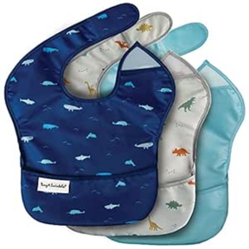 Tiny Twinkle Mess-Proof Baby Bibs for Eating | Waterproof, Wipeable Toddler Bibs with Catch-All Pocket | Feeding Bibs for Girls & Boys(3 Pack,Sea, Dino)