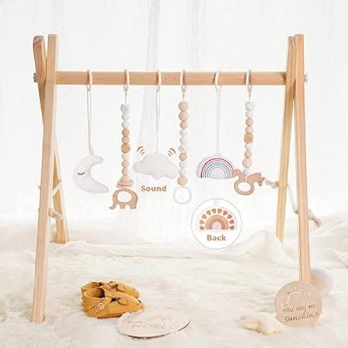Wooden Baby Play Gym, Foldable Baby Gym with 6 Toys, Baby Toy Frame Activity Gym Hanging Bar Natural Wood Play Gym Newborn Baby Exercise