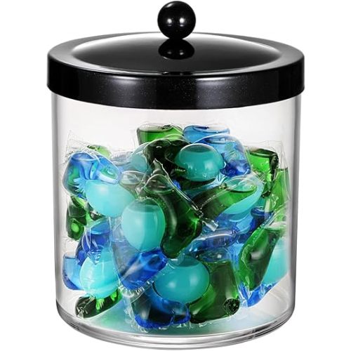 SheeChung Premium Apothecary Jar - 50 Oz. Large Clear Plastic Container Canister with Rust Proof Stainless Steel Lid, Laundry/Kitchen/Bathroom Vanity Countertop Storage Organizer Decor(Black)