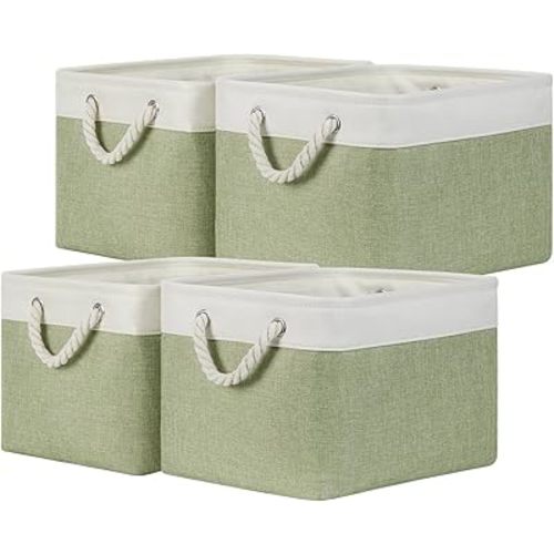 Temary Fabric Storage Baskets 4Pack Storage Bins Decorative Basket for Gift, Clothes Bin with Handles, Rectangle Baskets for Storage, Blankets(White&Green,15x11x9.5 inch)