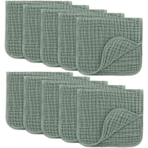 Comfy Cubs Muslin Burp Cloths 20" x 10", Pack of 10 - Large, 6-Layer, Ultra Absorbent 100% Cotton for Baby Drool and Messes - Soft, Safe & Gentle Baby Burp Cloths for Boys & Girls - Fern
