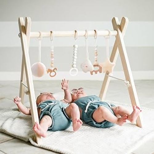 Wooden Baby Gym with 6 Gym Toys, Foldable Baby Play Gym, Natural Pine Wood Play Gym, Frame Activity Center Hanging Bar, Wooden Play Gym